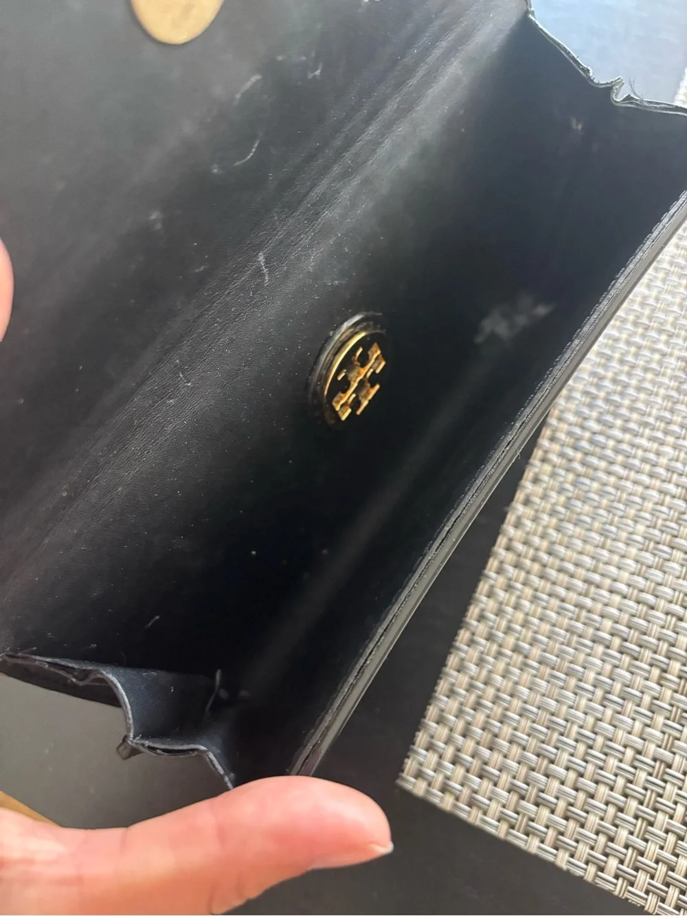 Tory Burch Black and Gold Logo Decorative Clutch